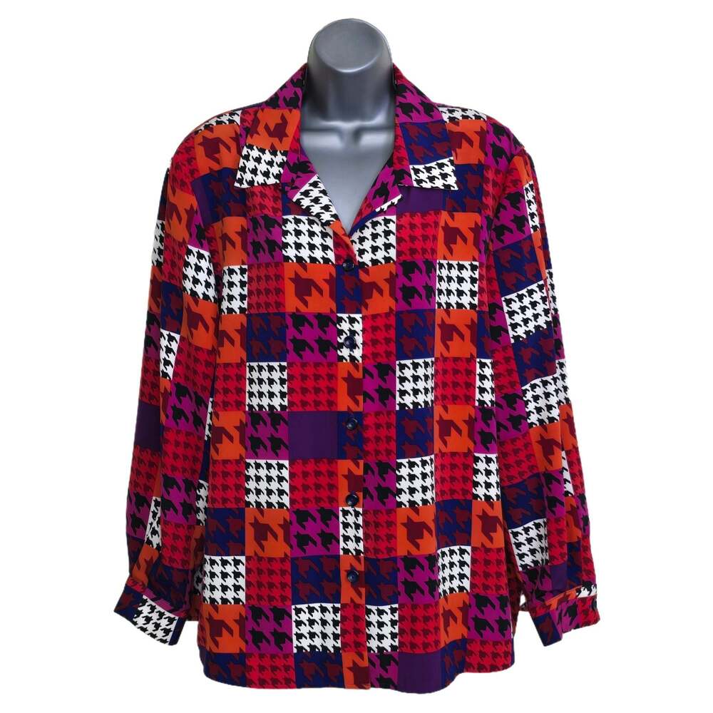 Joan Leslie Vintage Colorful Houndstooth Checkerboard Blouse 18W
